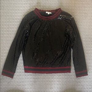 Black Sequin Sweater with Red Trim